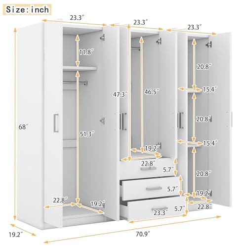 Merax Large 6-Door White Wooden Wardrobe, Tall Armoire Closet Organizer