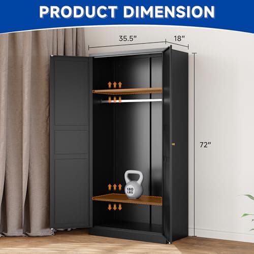 Black Metal Armoire Wardrobe 72" with Doors & Hanging Rail (Assembly Required)