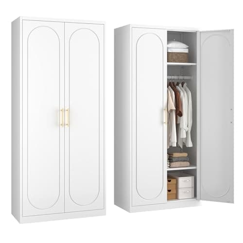 White Metal Armoire Wardrobe 71" Tall with Shelves and Rod
