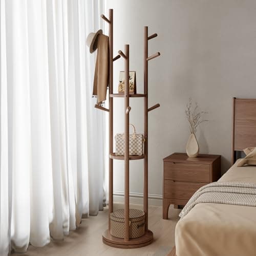 Walnut Solid Wood Coat Rack with 3 Shelves & 9 Hooks for Bedroom, Entryway & Livingroom
