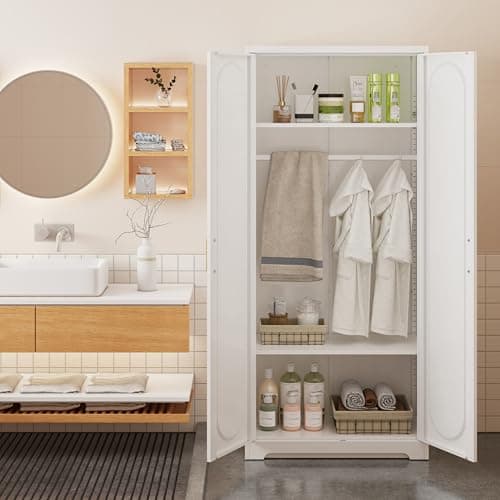 71" Tall White Metal Storage Cabinet with Hanging Rod and Shelves, Ideal for Bedroom, Armoire or Bathroom