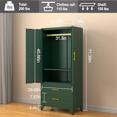 71" Green Metal Storage Cabinet with 2 Doors & Drawers, Hanging Rods for Home Office, Bedroom, Living Room