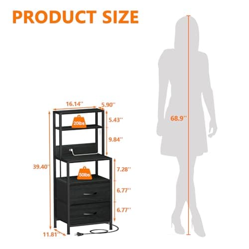 Furnulem Tall Nightstand with 4-Tier Shelves & 2 Drawers, Black Oak Charging Bedside Table