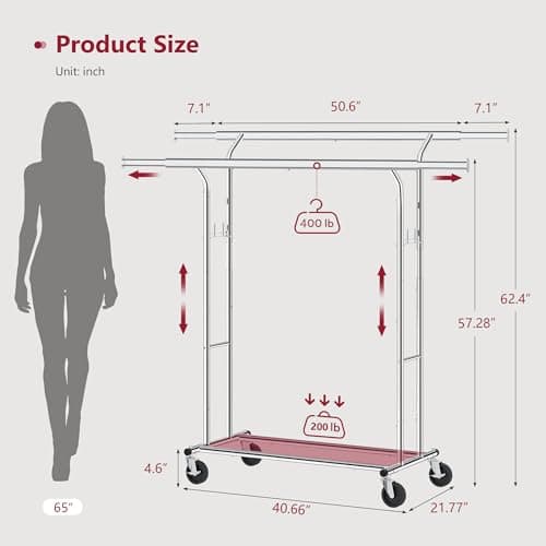 Tajsoon 600 LBS Commercial Rolling Clothing Rack with Shelf, Chrome