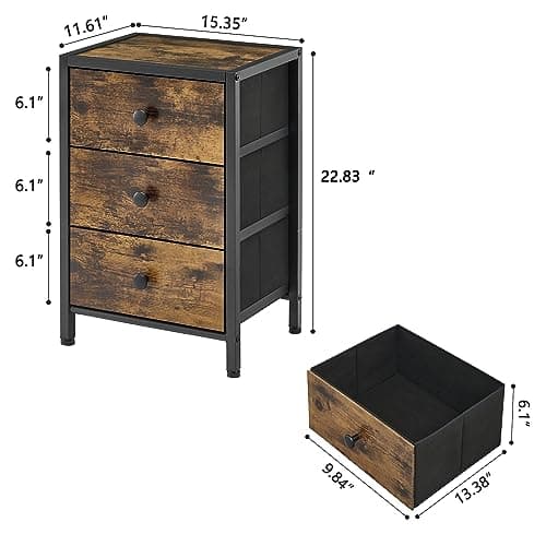 Gewudraw Nightstand: Rustic Brown End Table with 3 Drawers and Storage Shelf