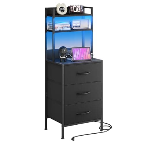 Fixwal 41 Inch Black Tall Nightstand with Charging Station & LED Light