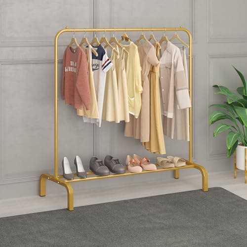 JIUYOTREE Gold Metal 43.3" Clothing Rack with Bottom Shelf for Hanging Clothes Coats Skirts Shirts Sweaters
