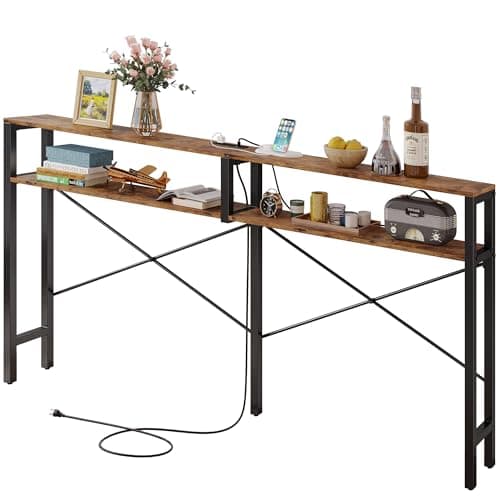 Vintage Brown IronCK Console Table with Power Outlet and Shelves