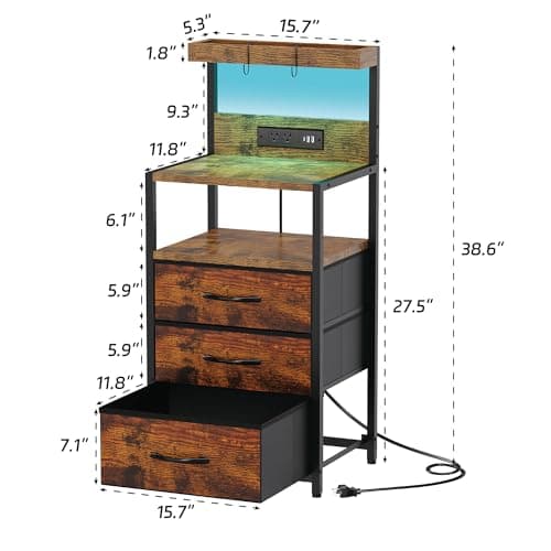 Rustic Brown Nightstand with Charging Station and Storage