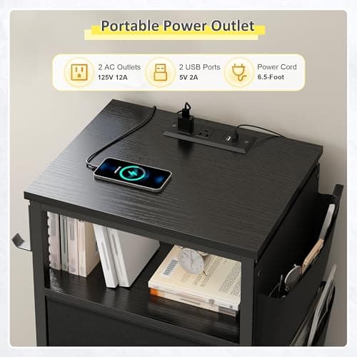 EnHome Black Nightstand Set of 2 with Charging & Storage