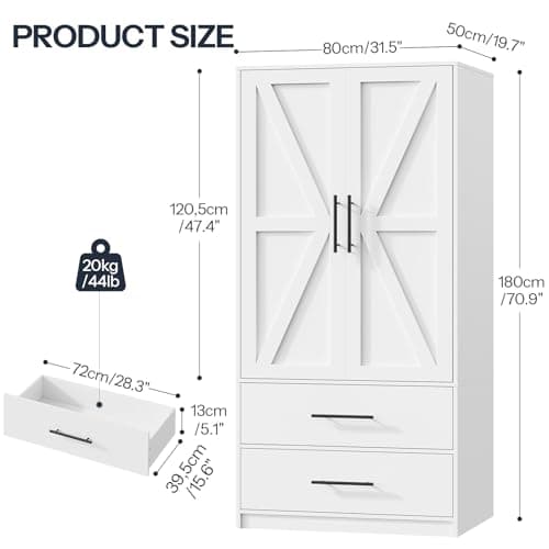 HOOBRO 70.9" Tall Wooden Farmhouse Wardrobe with 2 Drawers & Doors, White