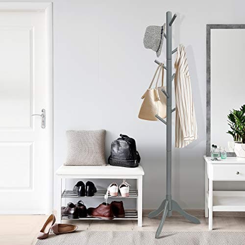 Tangkula Adjustable Height Wooden Tree Coat Rack with 8 Hooks