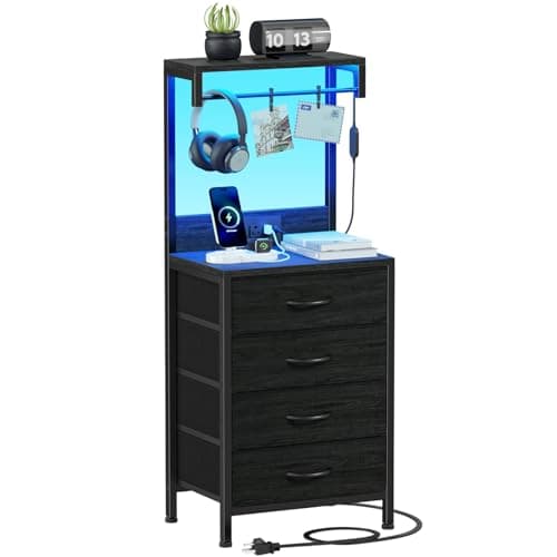 Furnulem Black Oak Tall Nightstand with Charging & LED Lights