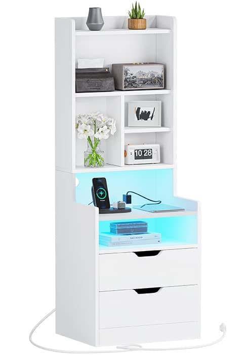 ADORNEVE Tall Night Stand with Charging Station & LED Lights, White with Bookshelf & Drawers