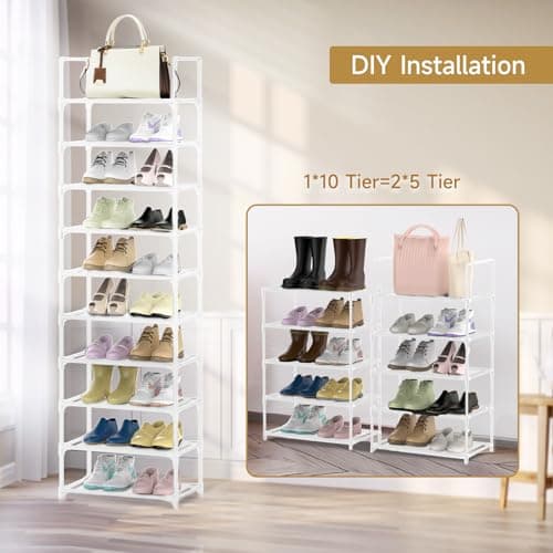 Barsone 10-Tier Shoe Organizer, Space-saving White Stand for Closets and Hallways
