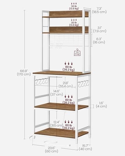VASAGLE Microwave Stand with Power Outlet, 14 Hooks, 66.9 Inches Tall UKKS037W41