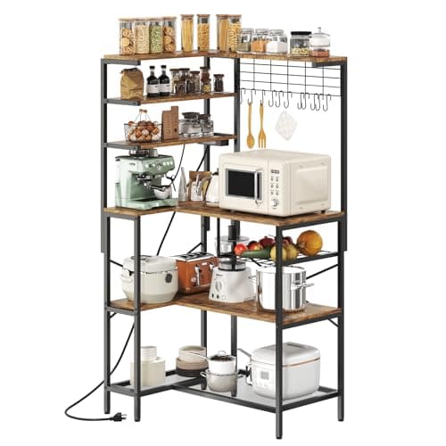 Black L-Shaped Bakers Rack with Power Outlet & Mesh Grid