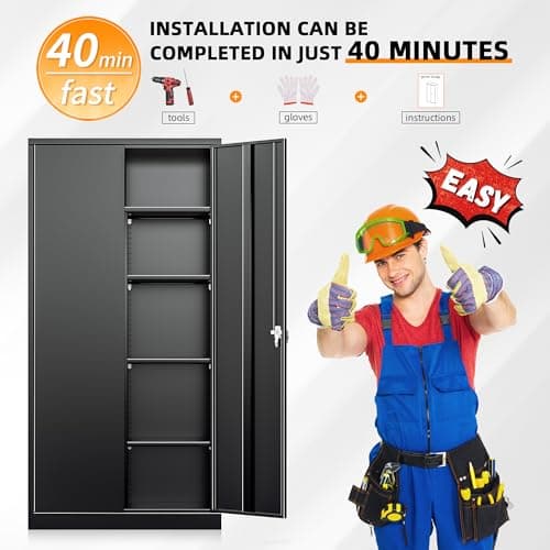 Intergreat Lockable Metal Storage Cabinet, Black Wardrobe with Adjustable Shelves