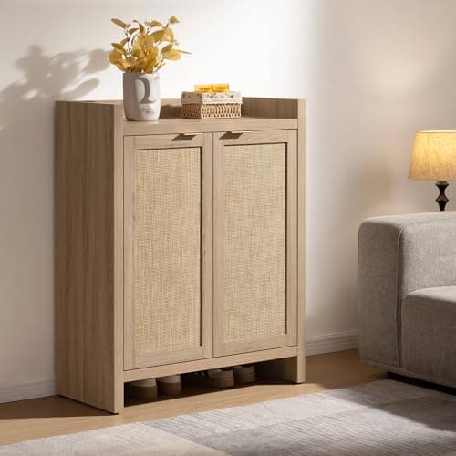 SICOTAS 6-Tier Rattan Shoe Cabinet, 41" Tall, 24 Pair Storage with Doors & Shelves, Light Oak Boho Entryway Closet Organ