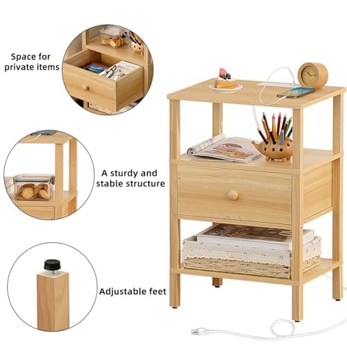 Lerliuo 3-Tier Nightstand with Charging Station - Natural Wood
