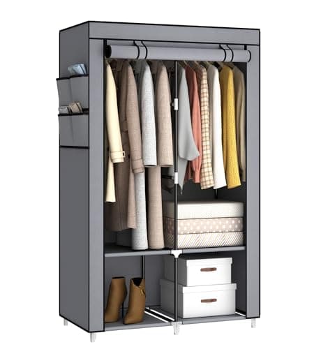 83 Inch Wide Portable Closet Wardrobe with Cover, Hanging Rods & Shelves, Grey