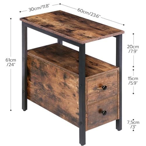 HOOBRO Narrow End Table Set, Drawers for Small Spaces, Rustic Brown & Black BF54BG201G2