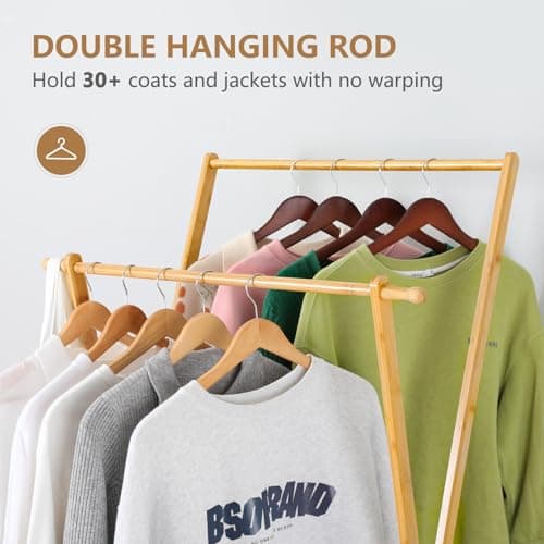 Ufine Bamboo Double Rod Clothing Rack with 2 Tier Storage Closet Organizer