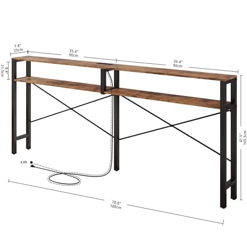 Vintage Brown IronCK Console Table with Power Outlet and Shelves