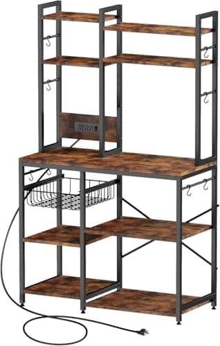 Rustic Brown Standing Baker’s Rack with Power Outlet & 6-Tier Stand