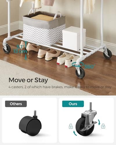 SONGMICS Heavy-Duty Double-Rod Clothes Rack, White with Casters Brakes