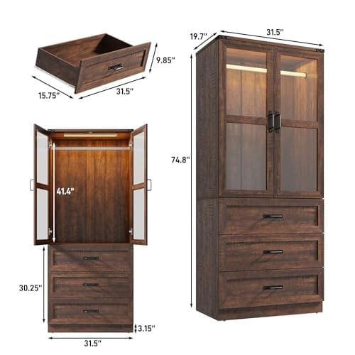 75" Tall Brown Farmhouse Armoire Wardrobe with 2 Doors, 3 Drawers & Rod