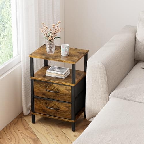 TUTOTAK Brown End Table with Cloth Drawer - Set of 2 TB01BB066