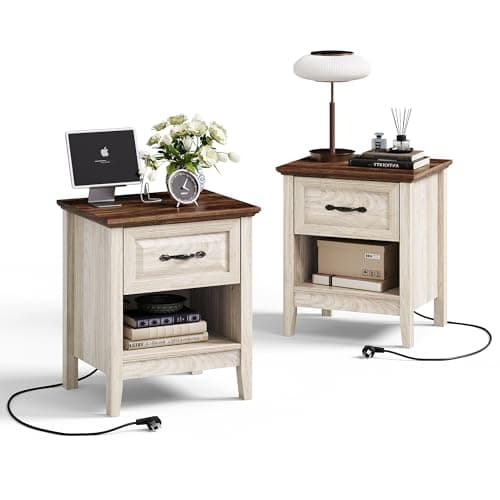 LINSY Beige Farmhouse Wood Night Stand with Type-C Charging Drawer