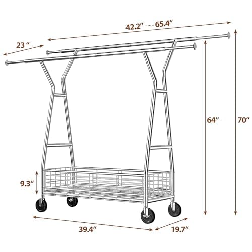 Raybee Heavy Duty 600LBS Clothing Rack, Adjustable & Portableewith Sturdy Wheels and ShelvesChrome