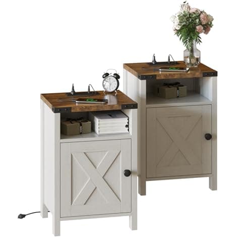 Modern White Farmhouse End Tables with Charging Station Set of 2