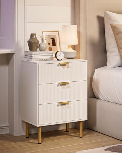 Modern White Nightstand with 3 Drawers & Gold Frame