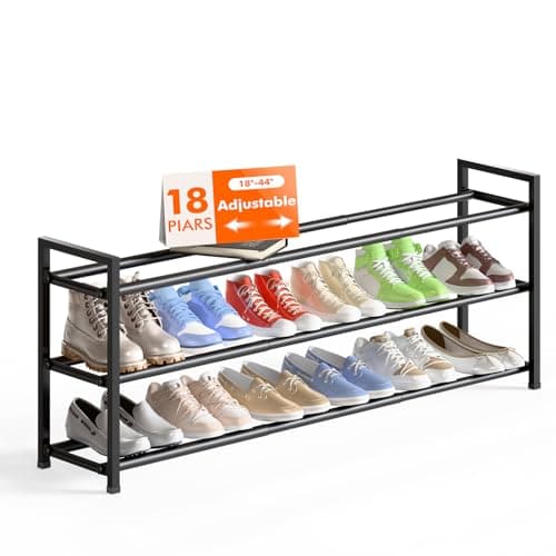 Sturdy Bumusty 3-Tier Expandable Shoe Rack, 15-18 Pair Organizer, 18"-44" Adjustment, Black