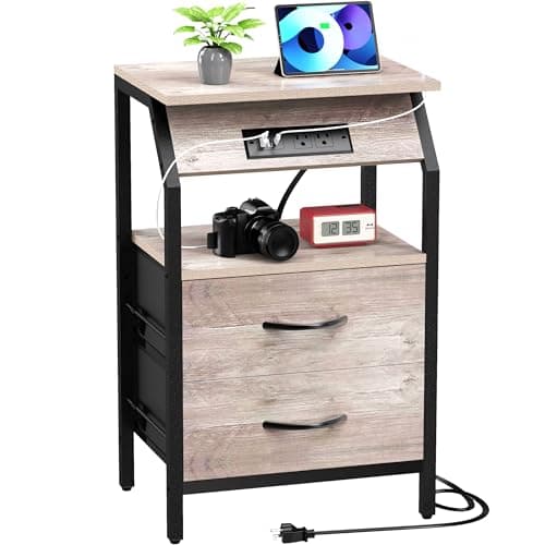 Modern Black End Tables Set of 2 with Charging & LED Lights & 3 Drawers