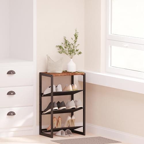 Slim 4-Tier Wood & Mesh Shoe Rack, Space-Saving Entryway Organizer