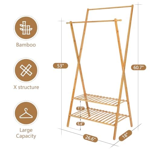 Ufine Bamboo Double Rod Clothing Rack with 2 Tier Storage Closet Organizer