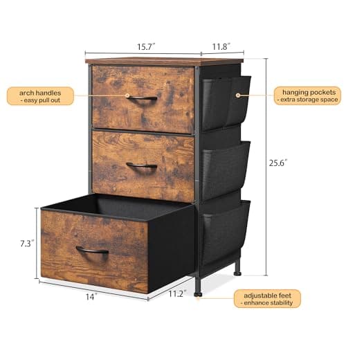 Rustic Brown Night Stand with 3 Drawers & Removable Pockets