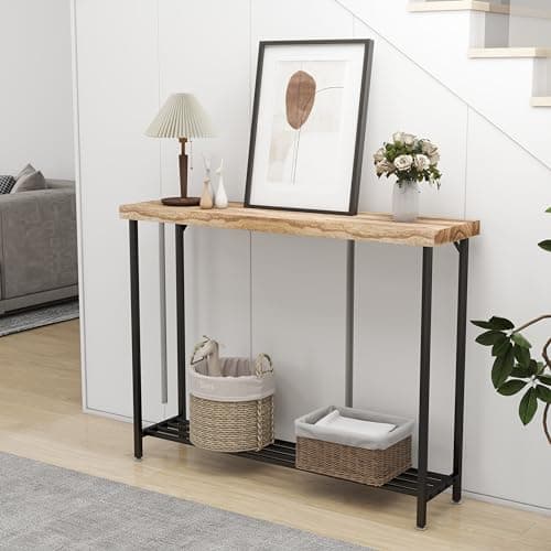 Solid Wood Console Table with Storage Shelves, Rustic White