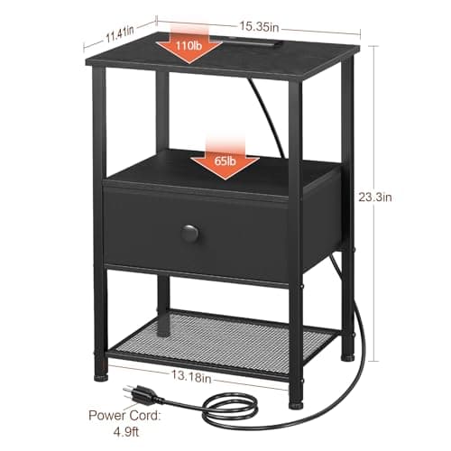 HETS01BK LED Nightstand with Charging Station & Fabric Drawer