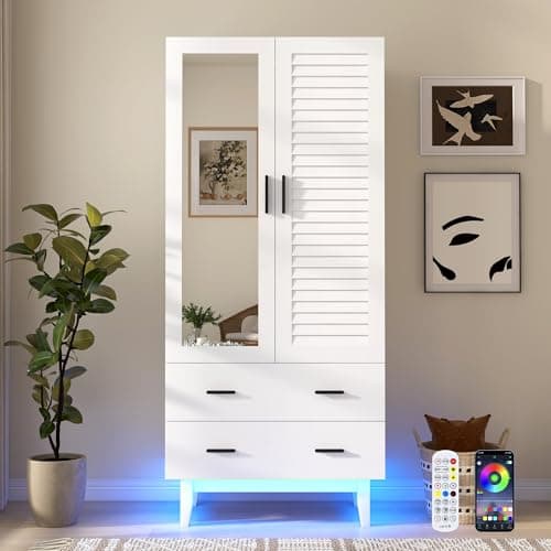 2 Door White Armoire Wardrobe with LED Lights & Large Storage