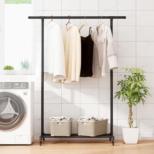 Heavy Duty Black Metal Pipe Clothing Rack with Wheels for Home Use