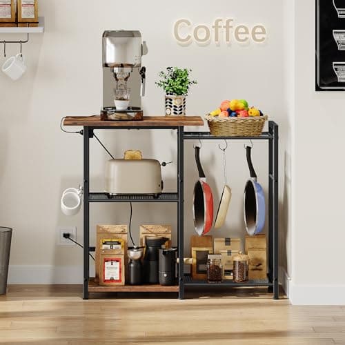 HOOBRO Black & Rustic Bakers Rack with Charging Station, BF15UHB01