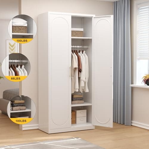 White Metal Armoire Wardrobe 71" Tall with Shelves and Rod