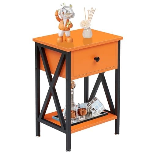 VECELO Modern Bedside Table with Drawer & Shelf, Industrial Metal Frame