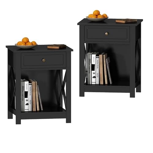 Treocho Black X-Design End Table Set of 2, Modern Nightstand for Small Bedrooms