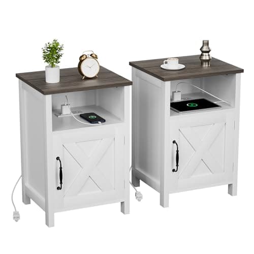 Farmhouse Nightstand with Charging Station, Set of 2 White Side Tables